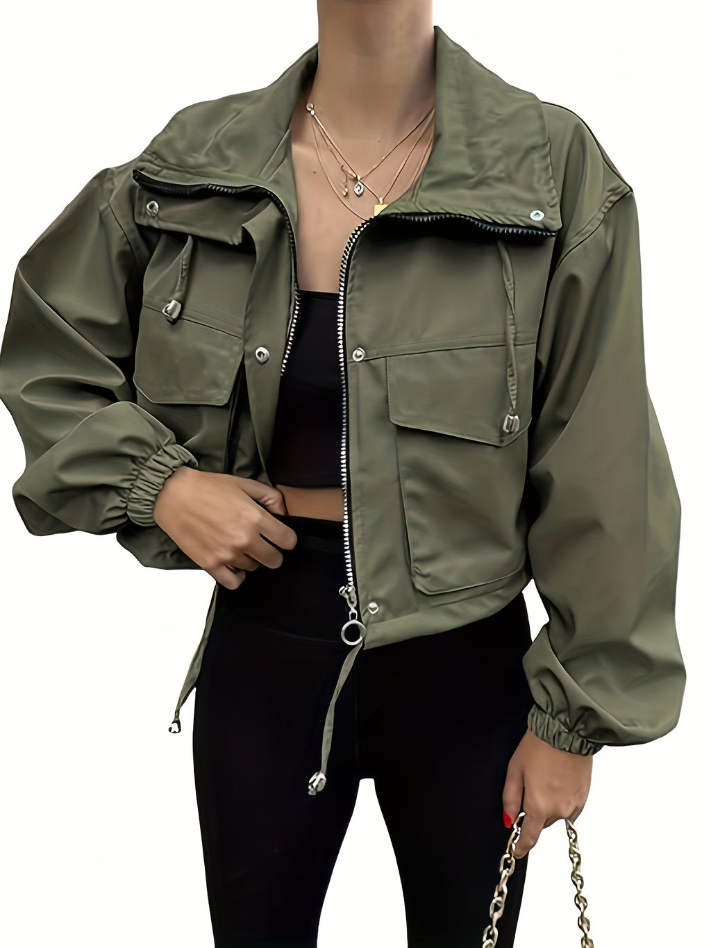 Women'S Fused Casual All-Match Vacation Lapel Short Zipper Coat Autumn Winter Commuter Jacket Elegant - Olive Green