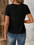 New Summer Women's T-Shirt, Round Neck Jacquard, Casual, Versatile, Fashionable, Simple, Solid Color Short Sleeve Top - Black