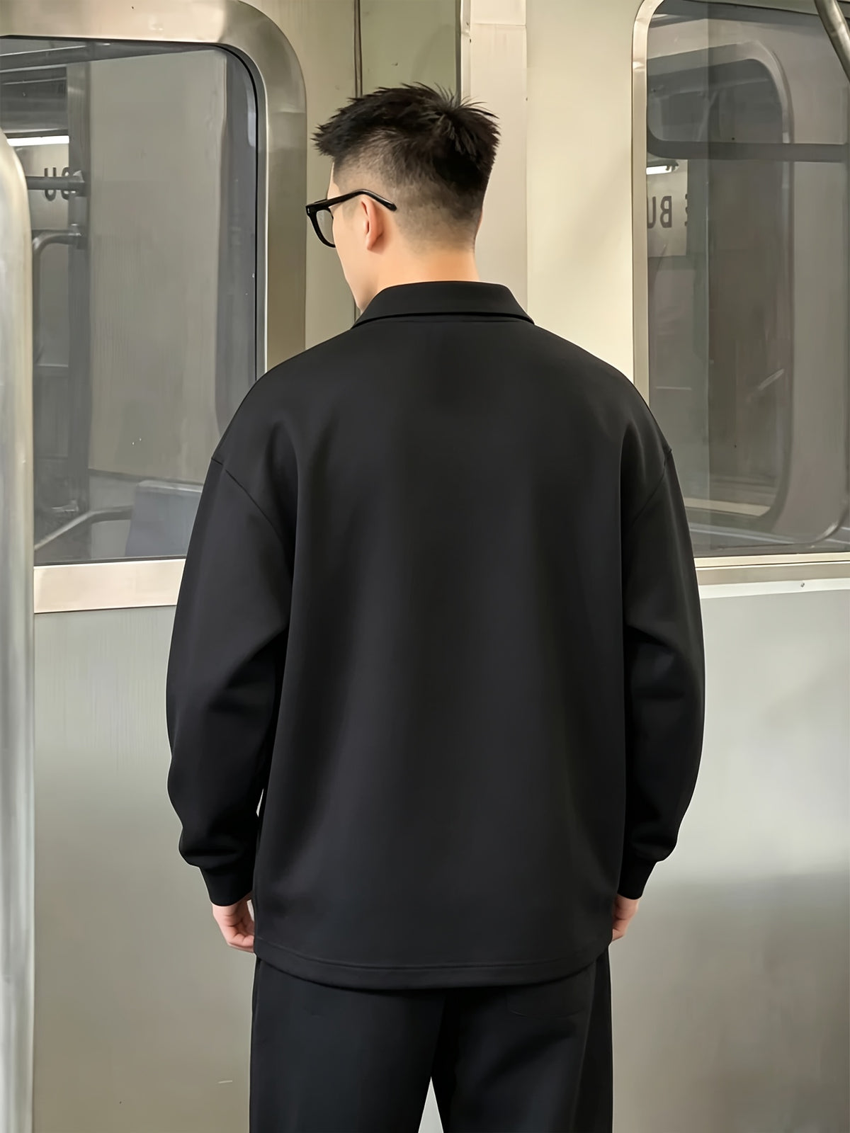 Pearson OBM Heavyweight Polo Long-Sleeve T-Shirt for Men, Stylish and Trendy Design, Gentleman's Spring/Autumn Apparel, Attractive and Versatile Casual Base Layer with a Relaxed Temperament, Suitable for Outer Wear - Space Black
