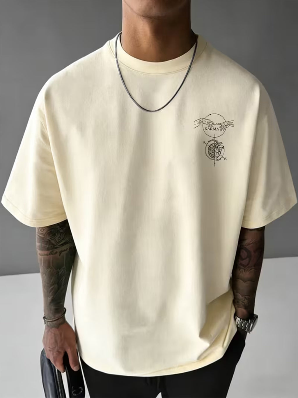 Causal Reincarnation Brain Heart Hand-Drawn Men'S Pure T-Shirt, Front And Back Double-Sided Genesis Hand, Half-Brain Heart Line English Print with Niche Dark Art Atmosphere, 100% Fabric Breathable And Skin-Friendly - Apricot