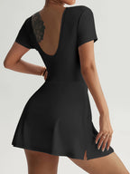 Women's Valentine's Day Heart-to-Heart Pattern Print Fit Tie-Up Short Sleeve Bodycon Romper Dress - Black