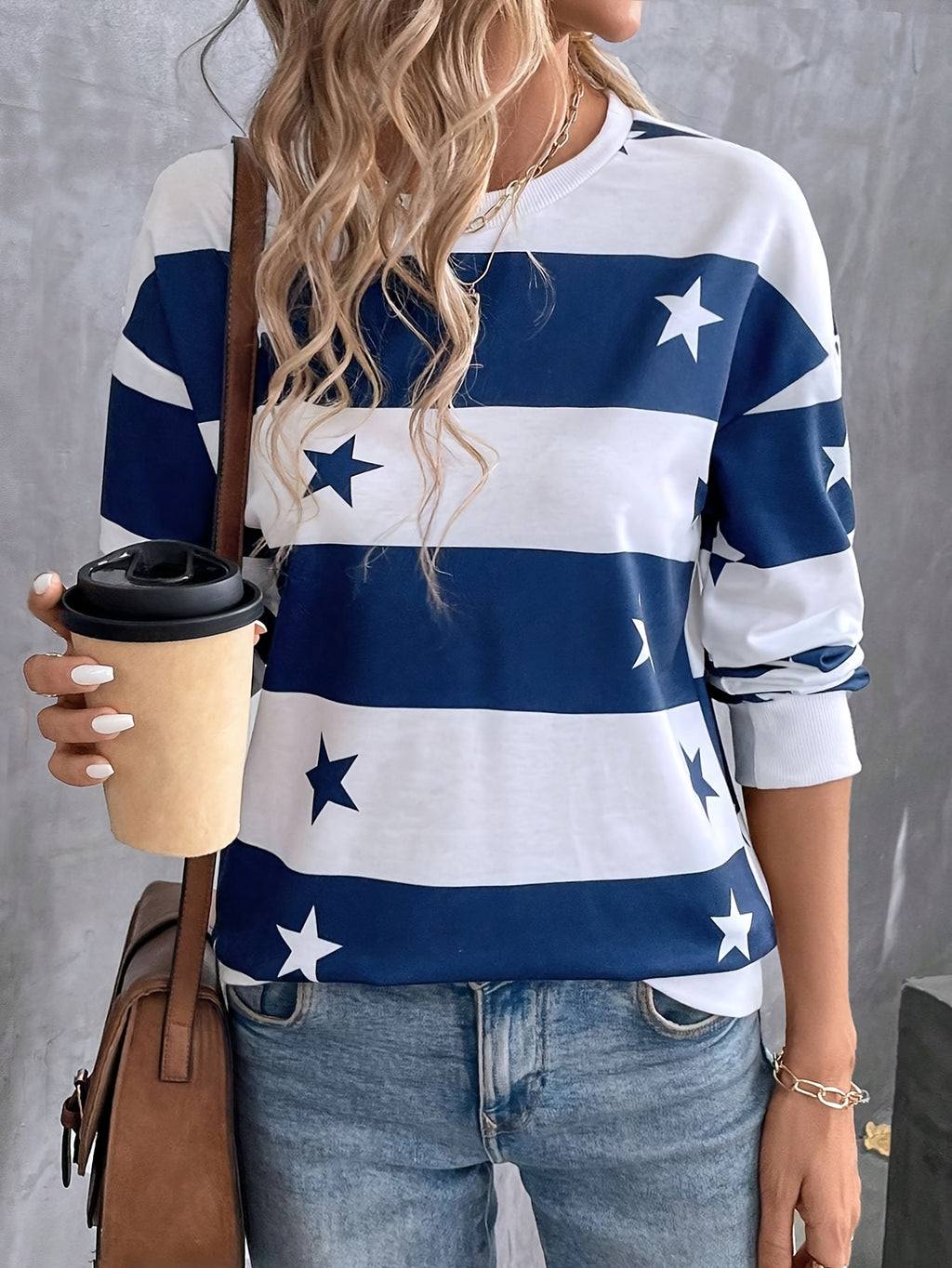 Women's Elegant Striped Star Print Long-Sleeve T-Shirt - Non- Blouse-Compatible Top Suitable for Seasons, Machine Washable Opaque Shirt for Layering, Casual & Professional Wear, Year-Round Wardrobe Essential - Navy Color