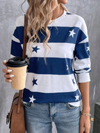 Women's Elegant Striped Star Print Long-Sleeve T-Shirt - Non- Blouse-Compatible Top Suitable for Seasons, Machine Washable Opaque Shirt for Layering, Casual & Professional Wear, Year-Round Wardrobe Essential - Navy Color