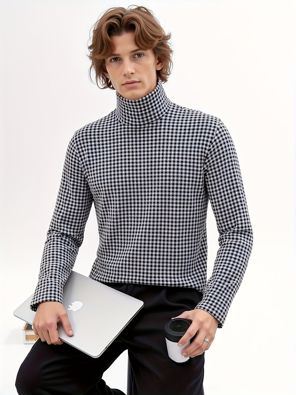 Nordic Vintage High-Neck Plaid Long-Sleeve T-Shirt for Men, Thickened for Autumn And, Soft And Warm, with a Luxurious Feel, Perfect As a Base Layer for Trendy Couples And Youth - Black And White Grid
