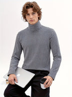 Nordic Vintage High-Neck Plaid Long-Sleeve T-Shirt for Men, Thickened for Autumn And, Soft And Warm, with a Luxurious Feel, Perfect As a Base Layer for Trendy Couples And Youth - Black And White Grid