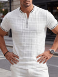 Men'S Half-Zip Plaid Embossed Short Sleeve T-Shirt And Trendy Casual Style, All-Over Diamond Check Embossed Textured Fabric, Letter Webbing Contrast at Collar And Cuffs, Front Half-Open Zipper Placket, Fitted with Slight Stretch Cut - White
