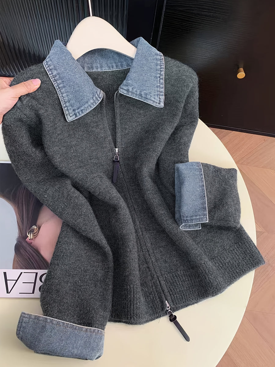 New Autumn/Winter Women's Fashion: Elegant and Stylish Denim Collar Patchwork Zipper Cardigan Sweater Jacket - Grey