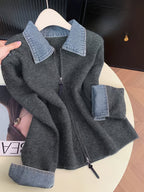 New Autumn/Winter Women's Fashion: Elegant and Stylish Denim Collar Patchwork Zipper Cardigan Sweater Jacket - Grey