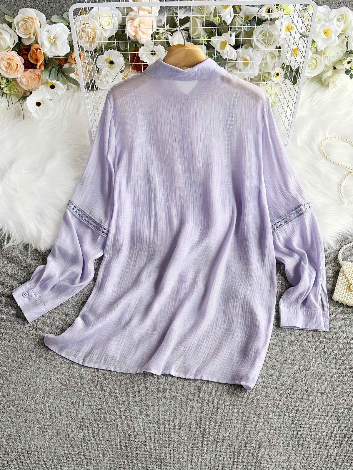 Women'S New Solid Lace Patchwork Button-Up Long Sleeve Shirt, Fashionable Elegant Vacation Commute Outdoor Daily Date Party Afternoon Tea Shirt Top Jacket, Suitable for All Seasons - Violet