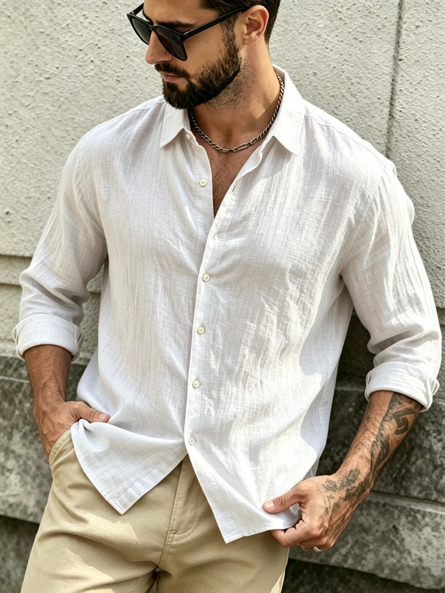 The Preferred Gift for Back to School Season Is Men's Casual Shirts. Spring and Autumn Long Sleeved Shirts Are Trendy, Loose, Solid Color, Breathable and Versatile Tops, Making Them the Perfect Holiday Gift - White