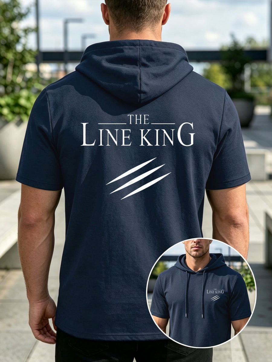 Men'S Casual Versatile Hooded Short-Sleeved T-Shirt, Lion Claw Mark Double-Sided Pattern, English Print - Navy Color