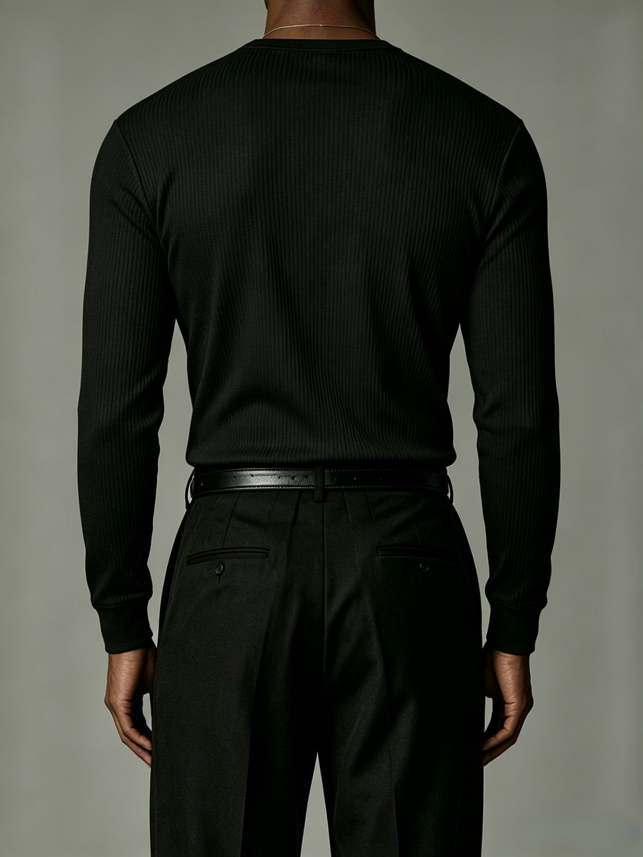 Men'S Long Sleeve, Multi-Color Optional Ribbed Henley Slim Fit Casual Solid Top, High-Quality Fitted T-Shirt - Black