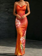 Women's Floral Print Maxi Dress, Halter Neck Sleeveless Bodycon Long Dress, Summer Beach Party Gown - Mixed colors