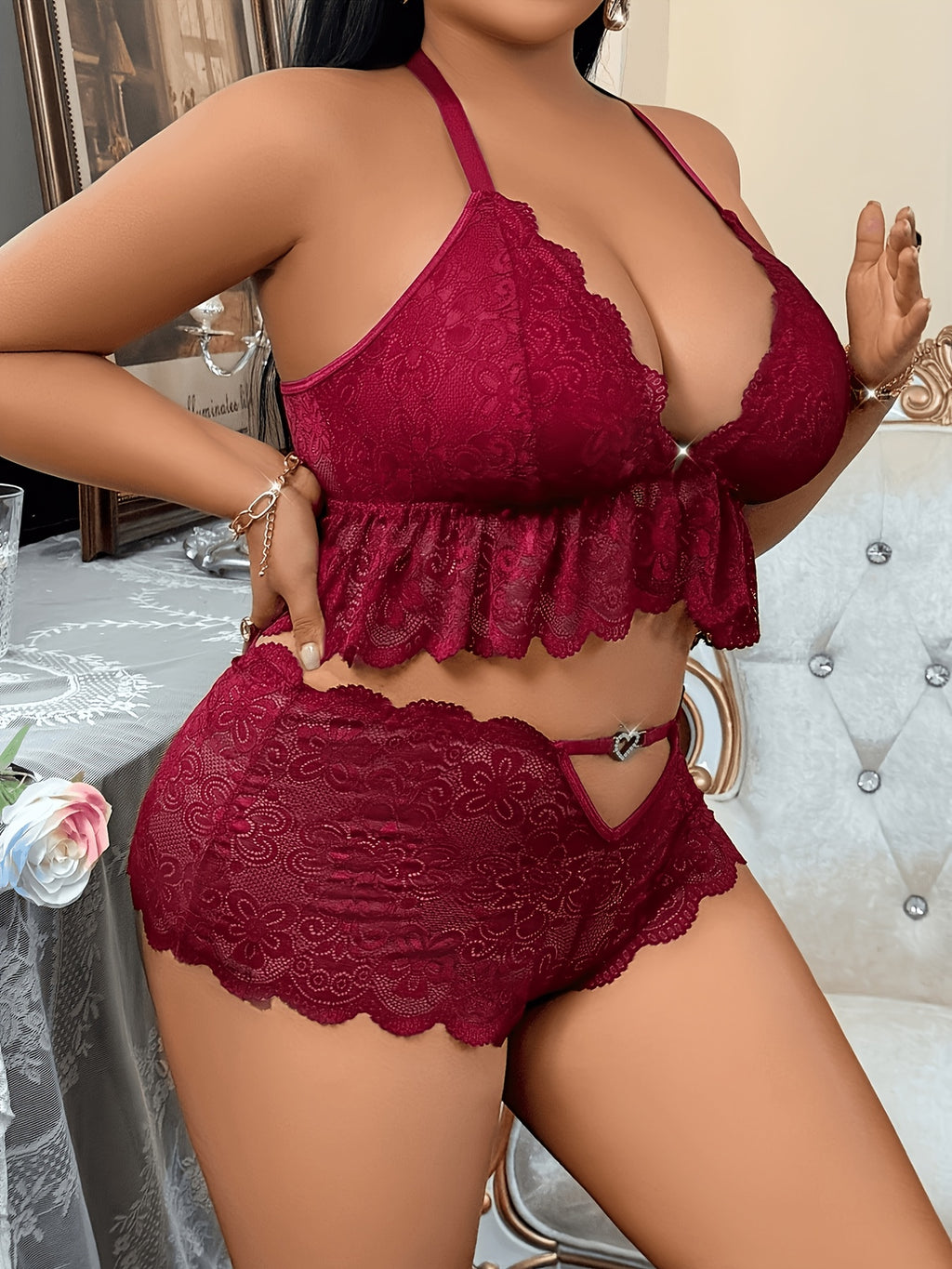 Plus Size Front-Button Lace Patchwork Backless 3-Ring Buckle Sexy Lingerie Heart-Shaped Hollow-Out Pants Set - Burgundy