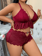 Plus Size Front-Button Lace Patchwork Backless 3-Ring Buckle Sexy Lingerie Heart-Shaped Hollow-Out Pants Set - Burgundy