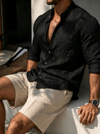 Men's Lightweight Breathable Linen Shirt with Stand-Up Collar & Roll-Up Sleeves - Retro Button-Front Suitable for Beach Vacation, Commuting, Casual Wear, Symmetrical Pleats, Single Pocket, Machine Washable Summer Top (Gift Selection) - Black