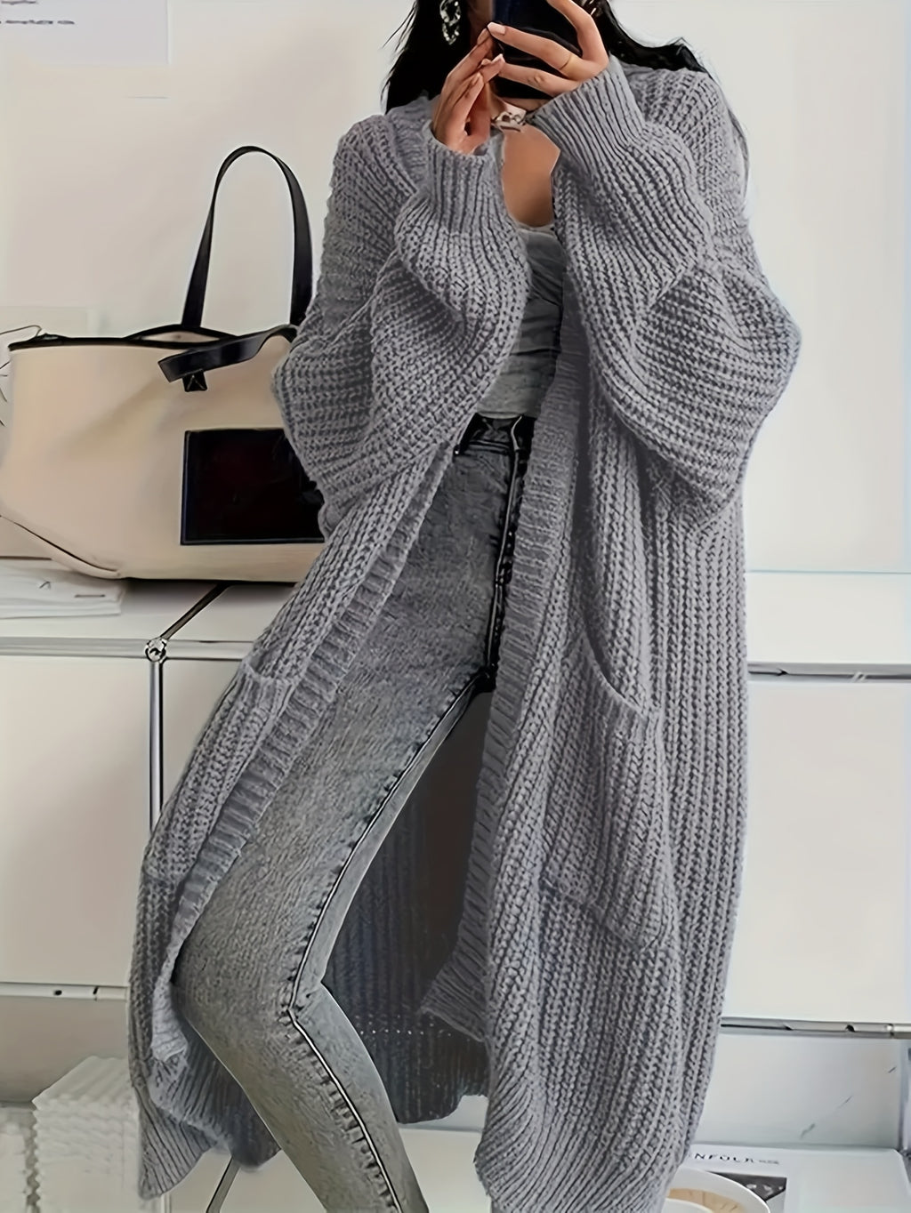 New Autumn and Winter European and American Style Women's Open Front Long Sleeve Casual Sweater Cardigan - Grey