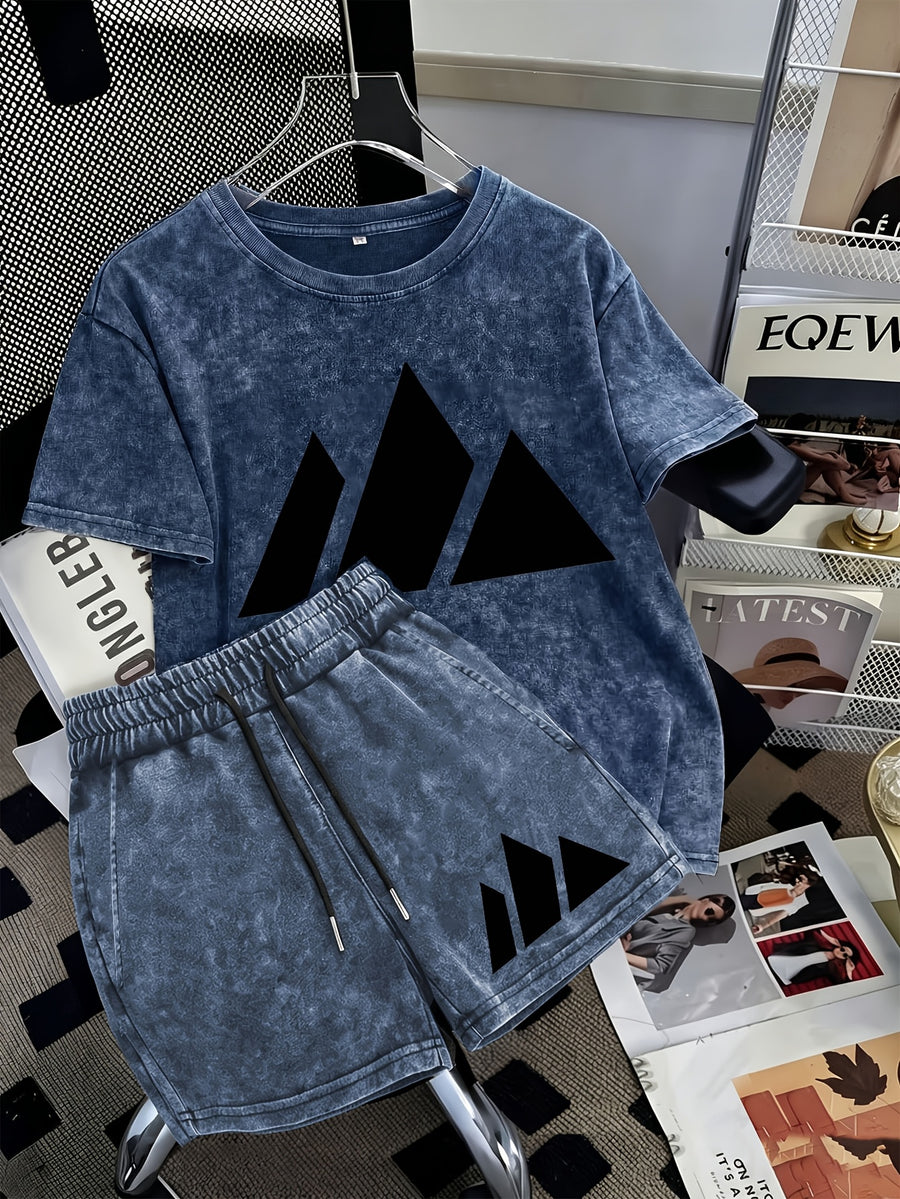 Summer Trendy Distressed Washed Short Sleeve Shorts Drawstring Women's Set, Minimalist Mountain Peak Line Drawing Print, Minimalist Outdoor Style, Artistic and Fresh Style, Forest-Inspired Natural Style, Comfortable for Hot Weather - Blue 3