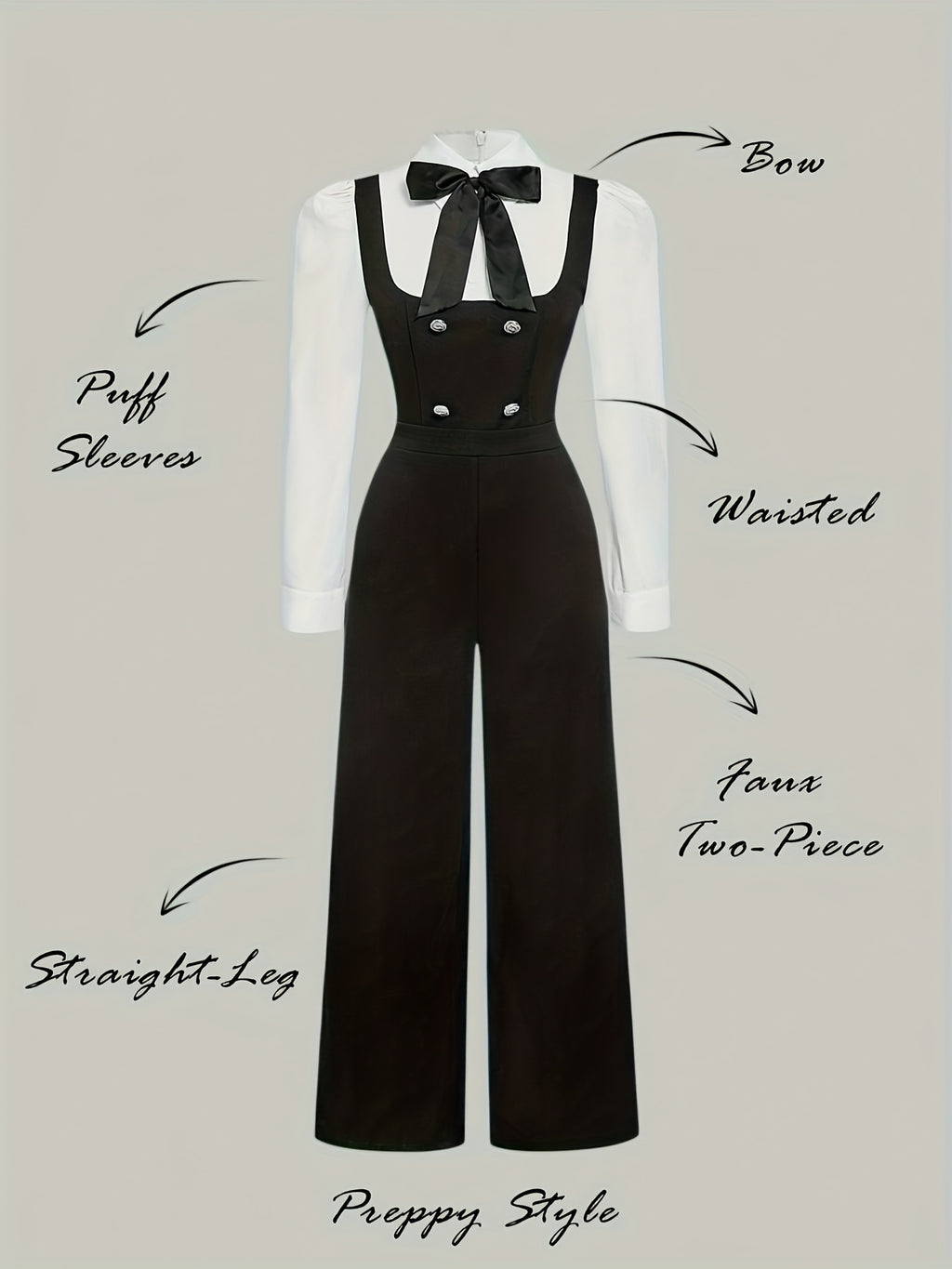 Women'S Elegant Knotted Collar Double-Breasted Loose-Fit Jumpsuit, Autumn Fashion, Preppy Style, 2-In-1 Shirt Jumpsuit, Bow Tie, Available in White And Black, Long Sleeves, Straight Leg - Black And White
