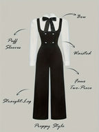 Women'S Elegant Knotted Collar Double-Breasted Loose-Fit Jumpsuit, Autumn Fashion, Preppy Style, 2-In-1 Shirt Jumpsuit, Bow Tie, Available in White And Black, Long Sleeves, Straight Leg - Black And White