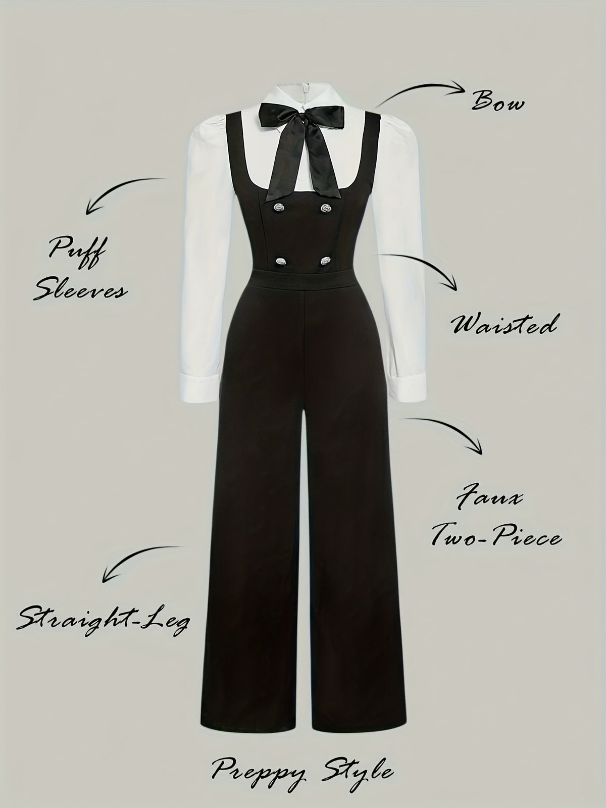 Women'S Elegant Knotted Collar Double-Breasted Loose-Fit Jumpsuit, Autumn Fashion, Preppy Style, 2-In-1 Shirt Jumpsuit, Bow Tie, Available in White And Black, Long Sleeves, Straight Leg - Black And White