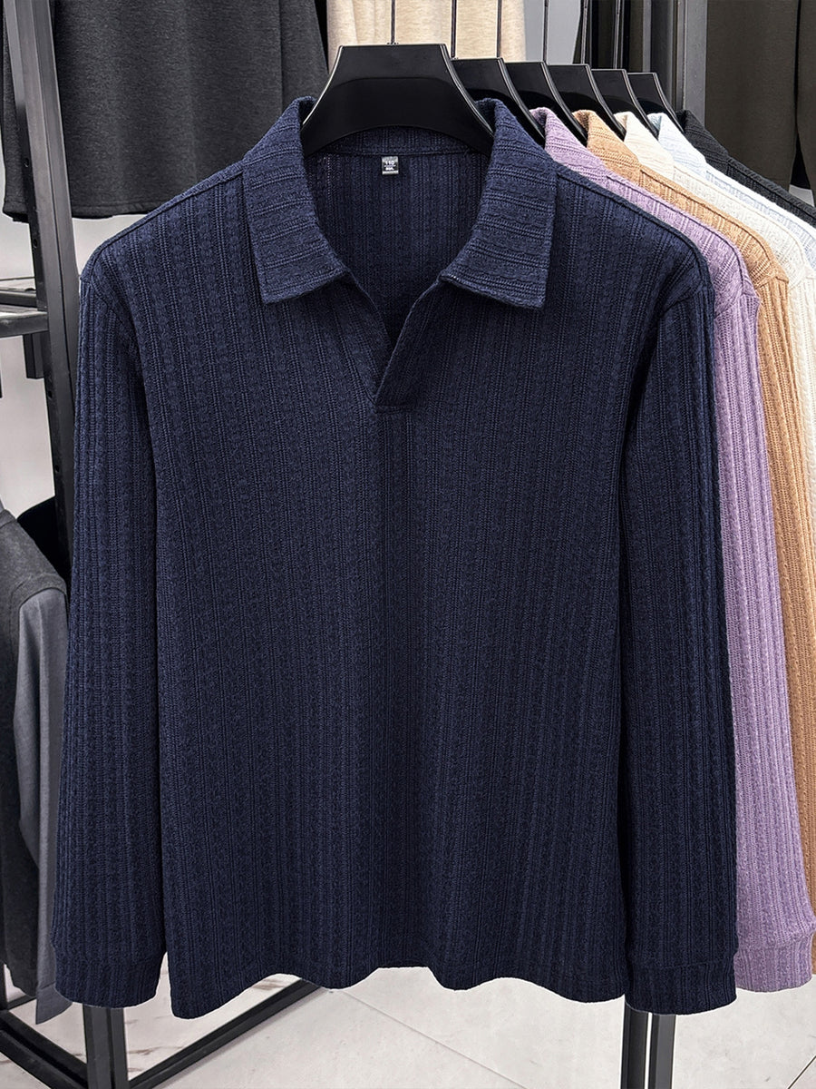 Mature Men'S Knit Long Sleeve Polo Shirt, Multi-Cable Design Heavyweight Style Multi-Color Available Textured Ribbed Fabric, V-Neck Long Sleeve Design, Delicate Vertical Ribbed Jacquard Texture, Light Mature Business Casual Style - Shangqing