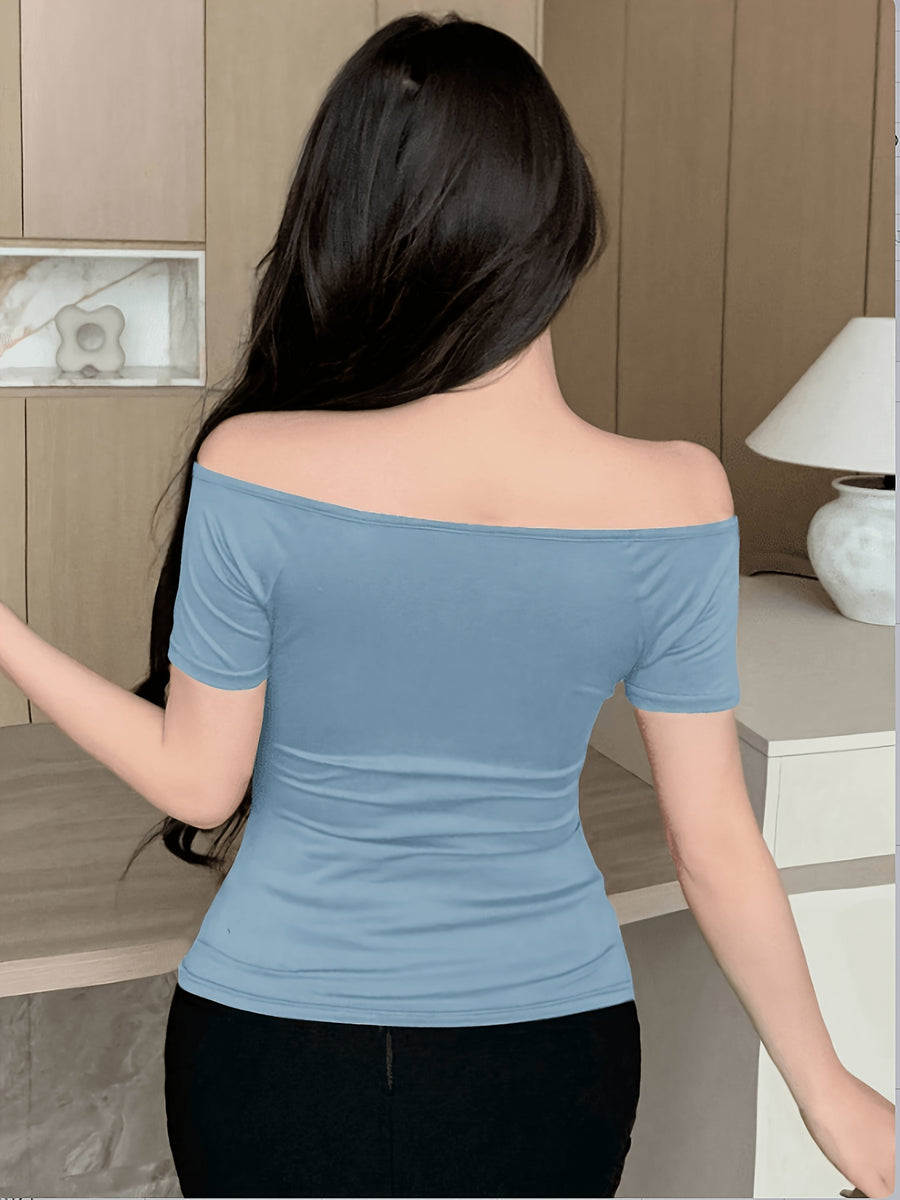 Front Deep V-crisscross Wrap, Back Off-the-shoulder Sleeveless Fitted Short-sleeve T-shirt - Light Blue