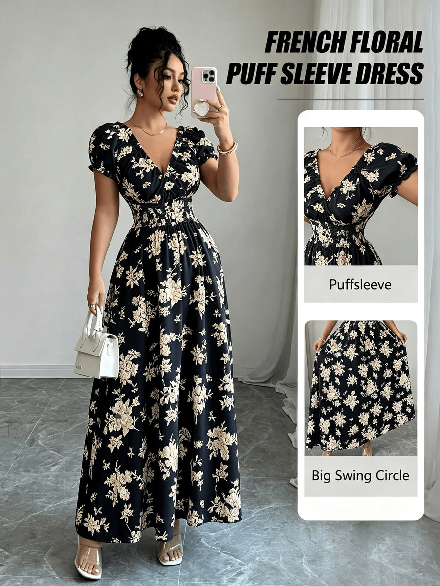 V-neck Ruffle Design, Floral Print Fabric, Elastic Waist Slim-Fit Short Sleeve Women's Dress, Elegant Party Wear, Date Night - Black Mixed Color