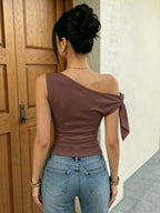 BK1126075 Women's Off-Shoulder Tie-Up Sleeveless Asymmetrical Neckline Slim-Fit Summer Top - Coffee Brown