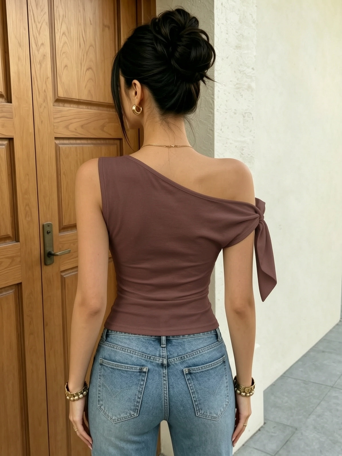BK1126075 Women's Off-Shoulder Tie-Up Sleeveless Asymmetrical Neckline Slim-Fit Summer Top - Coffee Brown