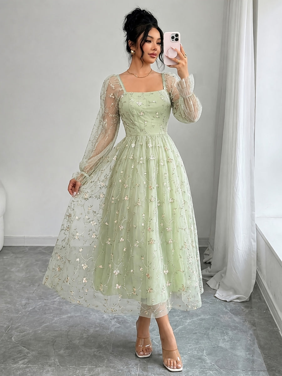 Directional Elegant Women'S Clothing Mesh Embroidered Solid Color Long Sleeve Dress - Light Green