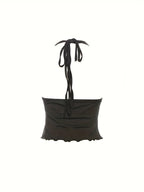 Western Style 2025 Summer New Women'S Hot Sexy Tie-String Hollow Wood Ear Scarf Neck Crop Cami Vest - Black