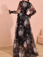 [ZD1031036] Elegant Floral Dress with See-Through Long Sleeves, Tie-Up Bow, Waist-Cinching, And Large Swing, Suitable for Dates, Dinners, And Evening Gowns - Black