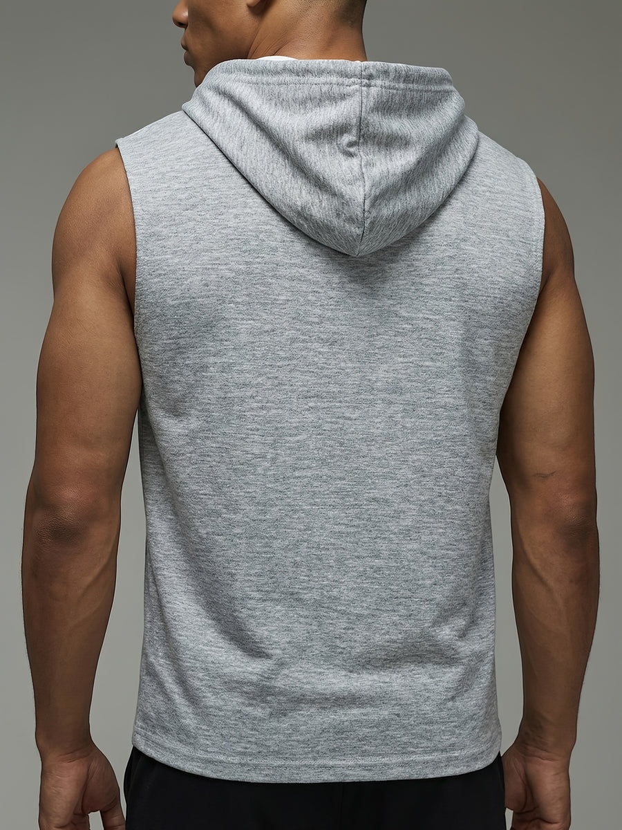 Men's Fashion Solid Color Hooded Sleeveless Vest, Sporty Fitness Casual Style, Adjustable Drawstring Design, Versatile and Stylish Daily Top - Grey