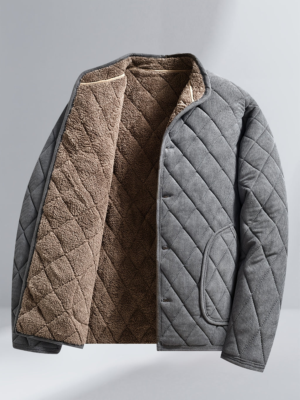 Men's Winter -Lined Padded Coat, Solid Color with Diamond Diagonal Stitching, Pockets, Stand-Up Collar, Casual Warm Outerwear - Grey