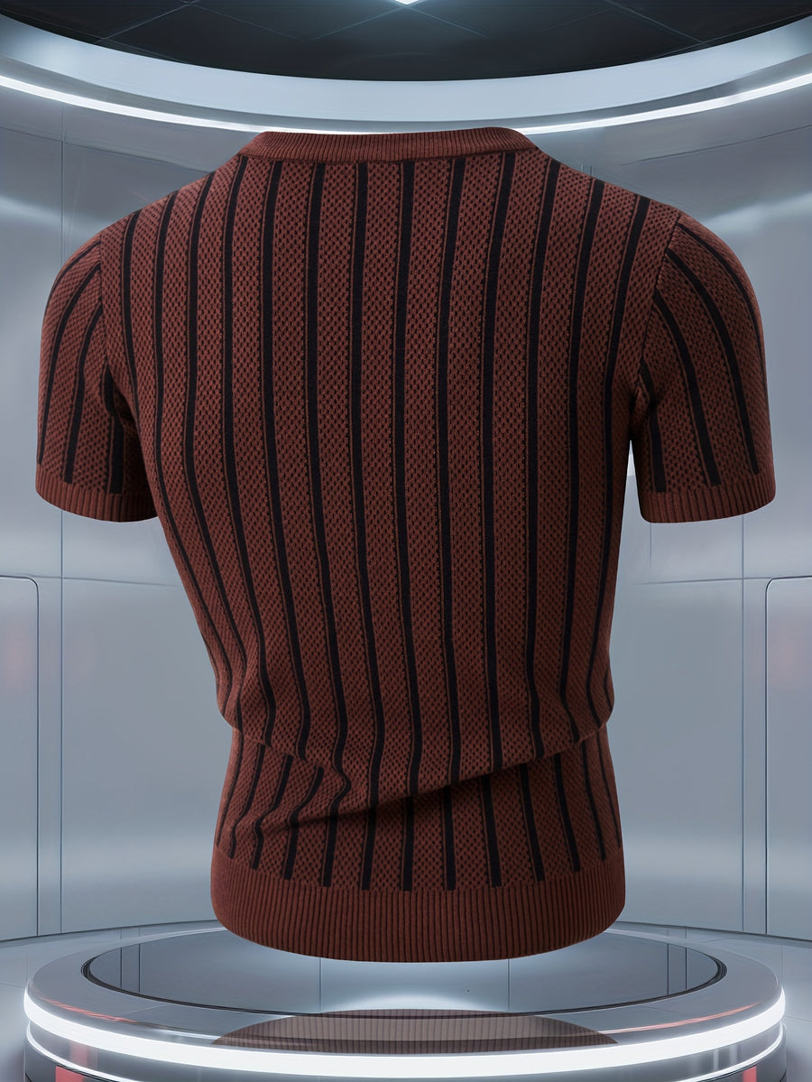 Men'S Knitted Short-Sleeved Sweater, Half-Sleeve Knit Shirt, Round Neck Sweater, Suitable for Autumn/Winter And Spring, Can Be Worn Alone Or As a Base Layer, Soft Fabric, Can Be Worn Close to The Body, Heavy-Duty Knitted Jacquard Pattern - Coffee Color