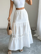 Women'S New Solid Color Lace Ruffled Decoration, Multi-Layer Patchwork, Tie-String Decoration Mid-Length Skirt, Fashionable And Elegant for Commuting And Vacation, Dates And Gatherings, Street Style, Casual Wear A-Line Umbrella Skirt - White