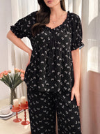 Plus Size Women'S Elegant Fashion Front Tie Bow Printed Short Sleeve Long Pants Home Wear Set - Black