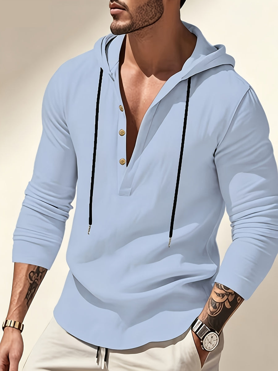 Men'S Linen Hooded Drawstring Henley Shirt Breathable Skin-Friendly Anti-Wrinkle Drape Daily Commute/Outdoor Leisure/Light Exercise Drawstring Hood And Button-Up Placket Loose All-Match Multi-Color Optional - Sky Blue