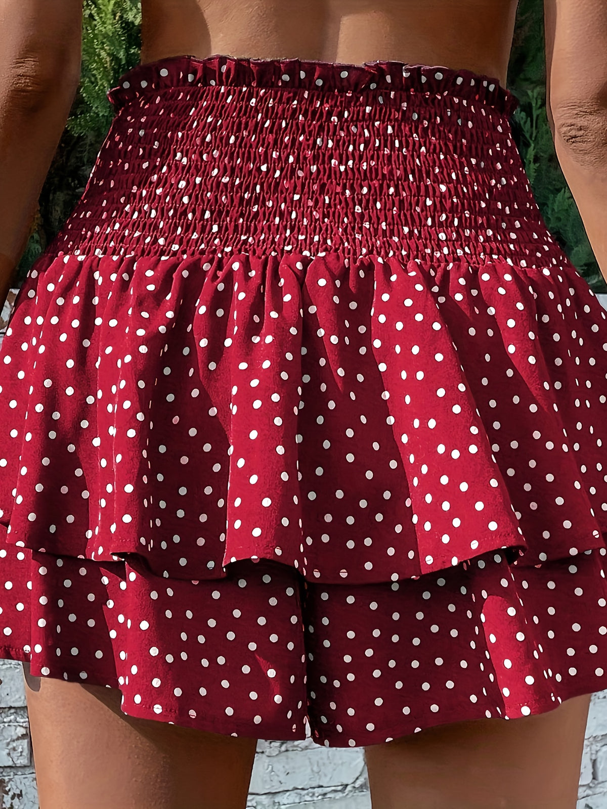 Spring/Summer Polka Dot Pattern Front Tie Double-layer Hem Shorts - The color of rouge