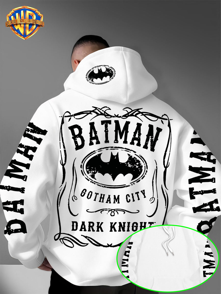 Warner Bros. Authorized American Cool Batman Retro Border Printed Hooded Sweatshirt with Adjustable Drawstring, Comfortable And Warm, Fashionable And Versatile Men'S Casual Sweatshirt, Suitable for Autumn And Winter Wear - White