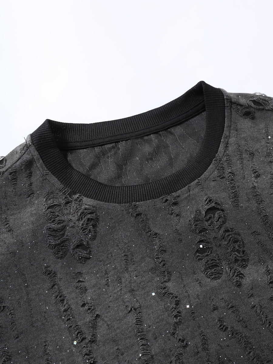 Textured Short Sleeve T-Shirt Black TUNNEL Letter Print Casual Street Style - Black