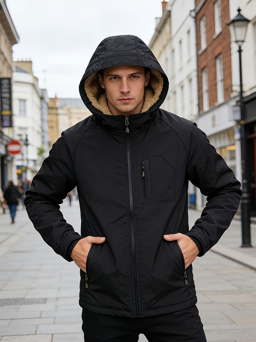 Men's Thick -Lined Casual Hooded Jacket - Black-1