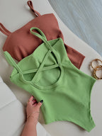 2pcs Women's Elegant Bodysuit, Sexy Halter 1pc with Criss-Cross Cutout Back, Ribbed Camisole Tank Top, Slim Fit, Figure-Hugging, Hot Style, Short Romper ZLLZ - Green + Caramel Brown