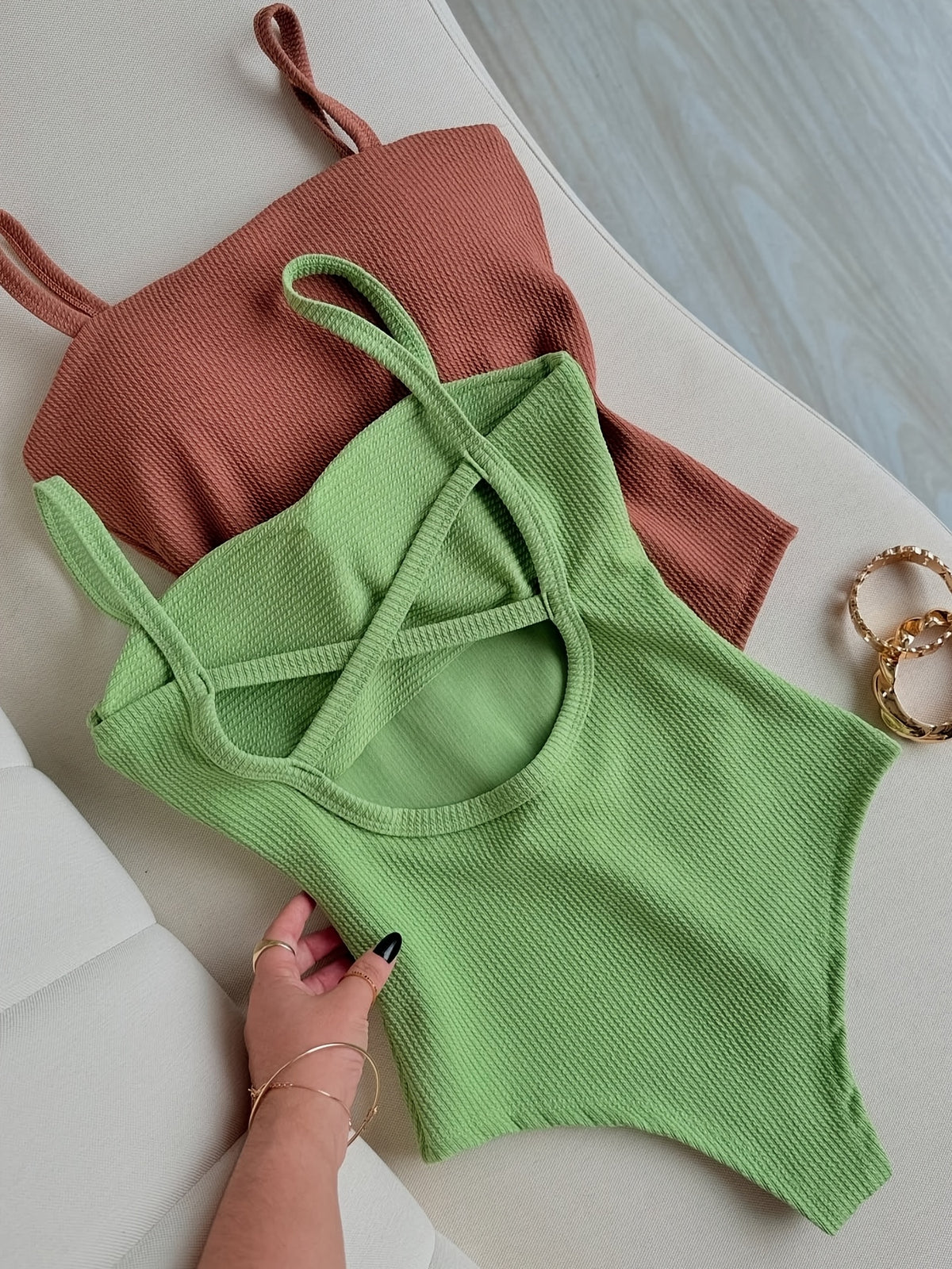 2pcs Women's Elegant Bodysuit, Sexy Halter 1pc with Criss-Cross Cutout Back, Ribbed Camisole Tank Top, Slim Fit, Figure-Hugging, Hot Style, Short Romper ZLLZ - Green + Caramel Brown
