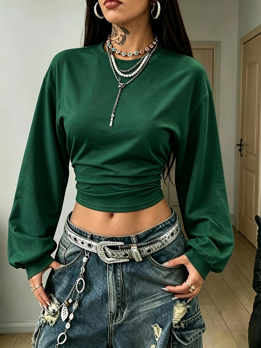 Women's Back-to- Season Basic Solid Color Pleated Asymmetrical Collar Long Sleeve Pullover Top, Autumn/Winter Casual Versatile Style,, Leisure, Dating, and Vacation Holidays in Multiple Scenarios - Dark Green