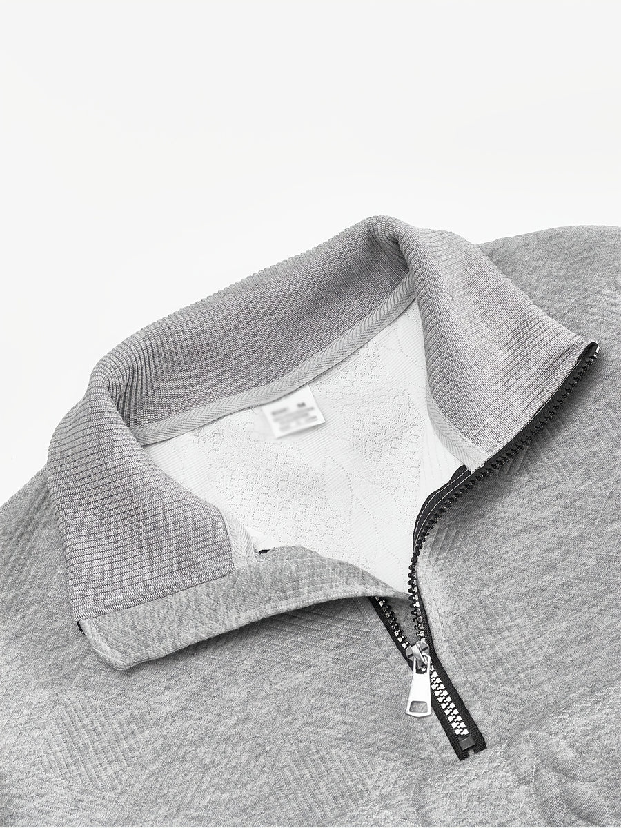 BOWZ Men's Knitted Top, Patchwork Design Stand Collar Sweatshirt with Zipper, Autumn/Winter Warm Sweater, Loose Fit, Suitable for Outdoor Vacations, Casual Sports, Random Jacquard Texture - Grey