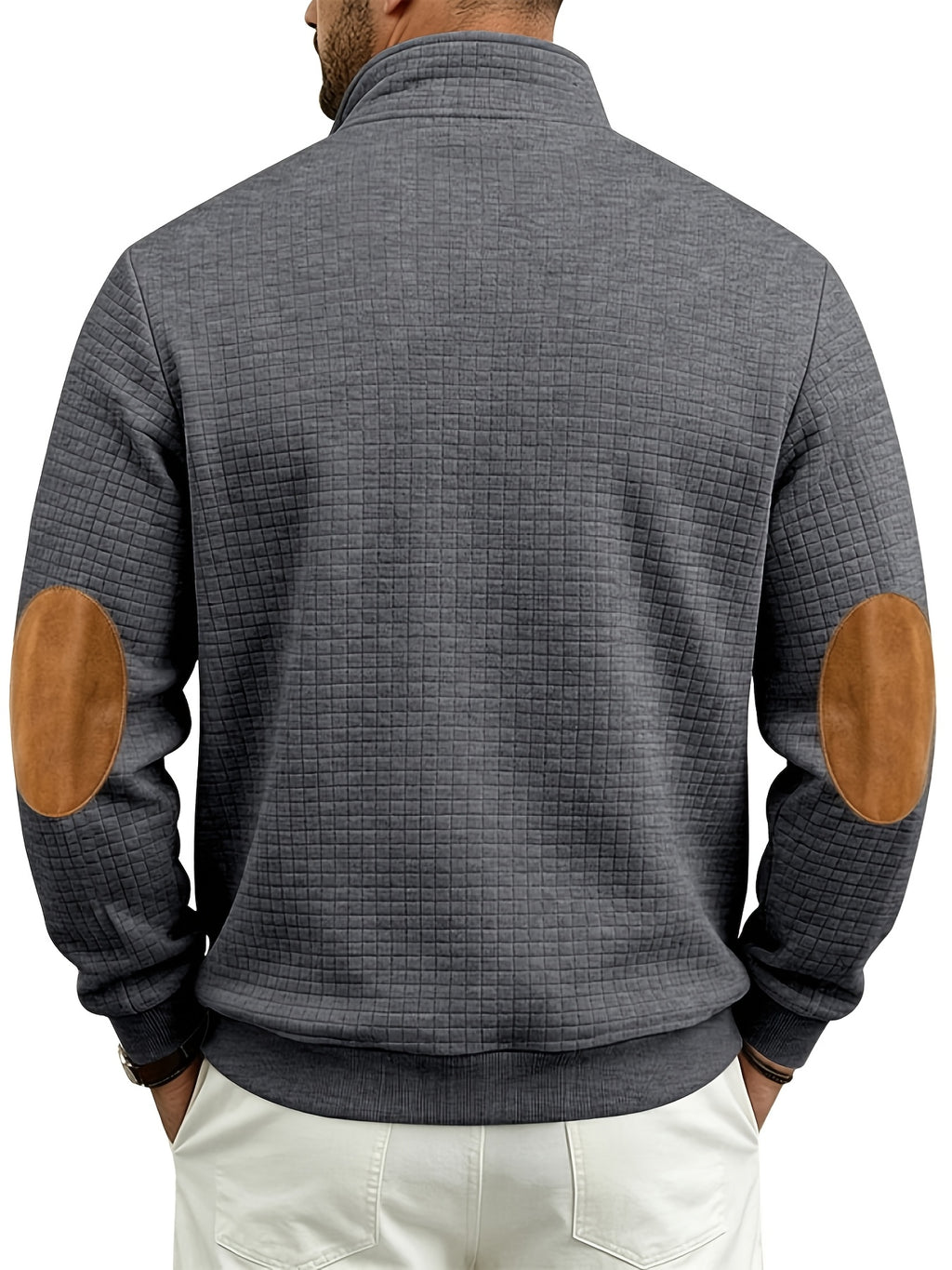 Men's Waffle Knit Casual Loose-Fit Long Sleeve Color-Block Stand Collar Half-Zip Autumn/Winter Sweatshirt - Dark Gray