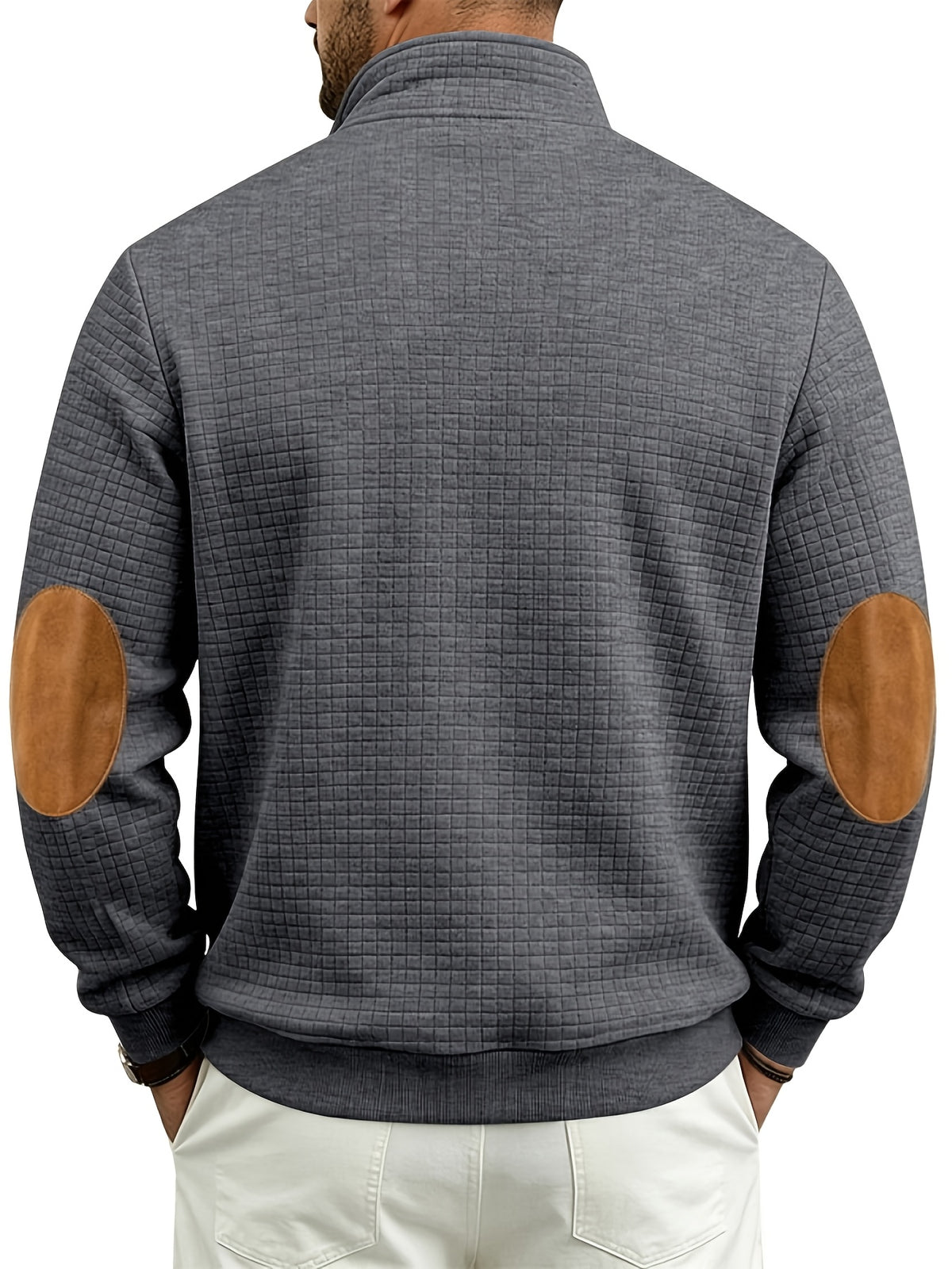 Men's Waffle Knit Casual Loose-Fit Long Sleeve Color-Block Stand Collar Half-Zip Autumn/Winter Sweatshirt - Dark Gray