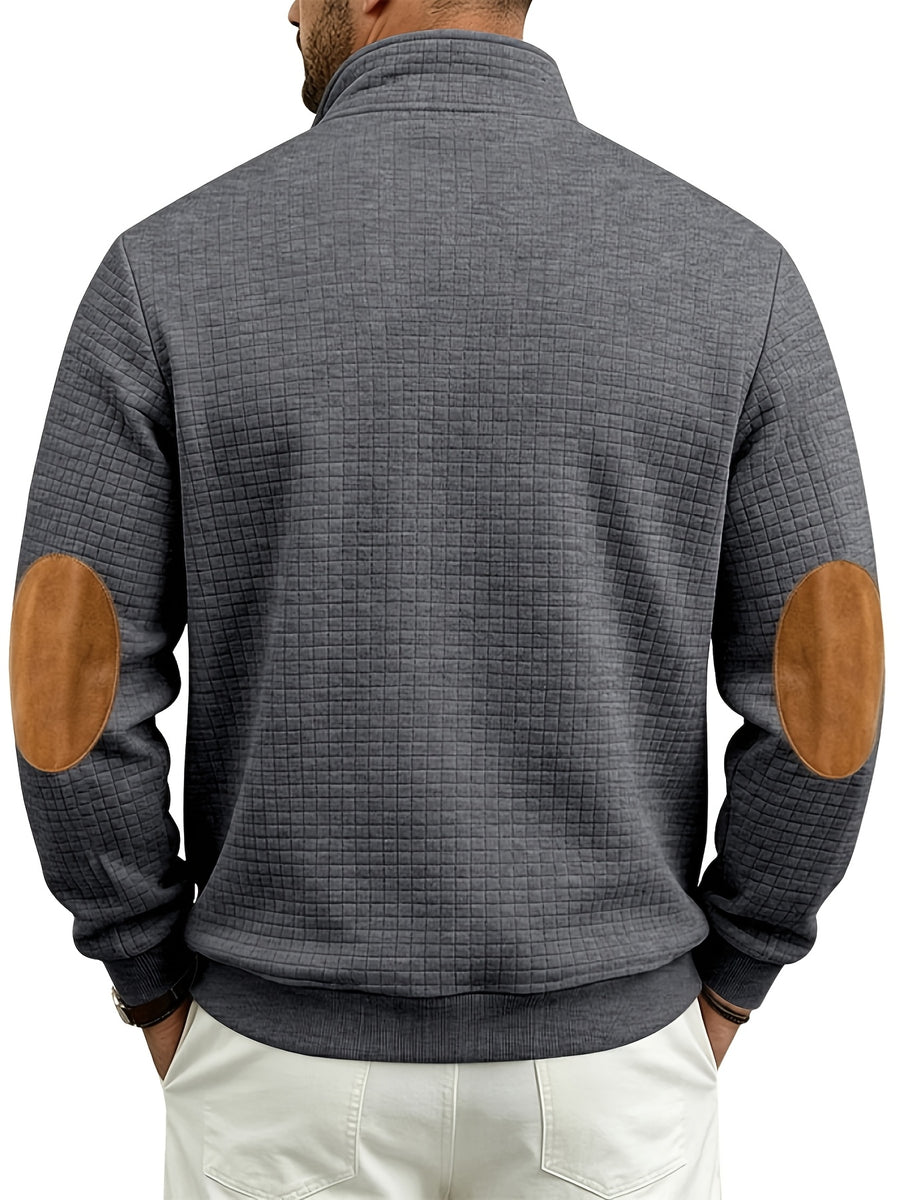 Men's Waffle Knit Casual Loose-Fit Long Sleeve Color-Block Stand Collar Half-Zip Autumn/Winter Sweatshirt - Dark Gray
